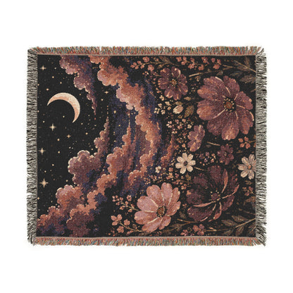 Celestial Floral Woven Blanket — Moon, Stars & Vintage Bloom Throw