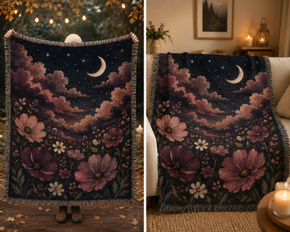 Celestial Floral Woven Blanket — Moon, Stars & Vintage Bloom Throw