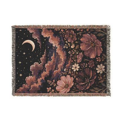 Celestial Floral Woven Blanket — Moon, Stars & Vintage Bloom Throw