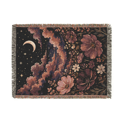 Celestial Floral Woven Blanket — Moon, Stars & Vintage Bloom Throw